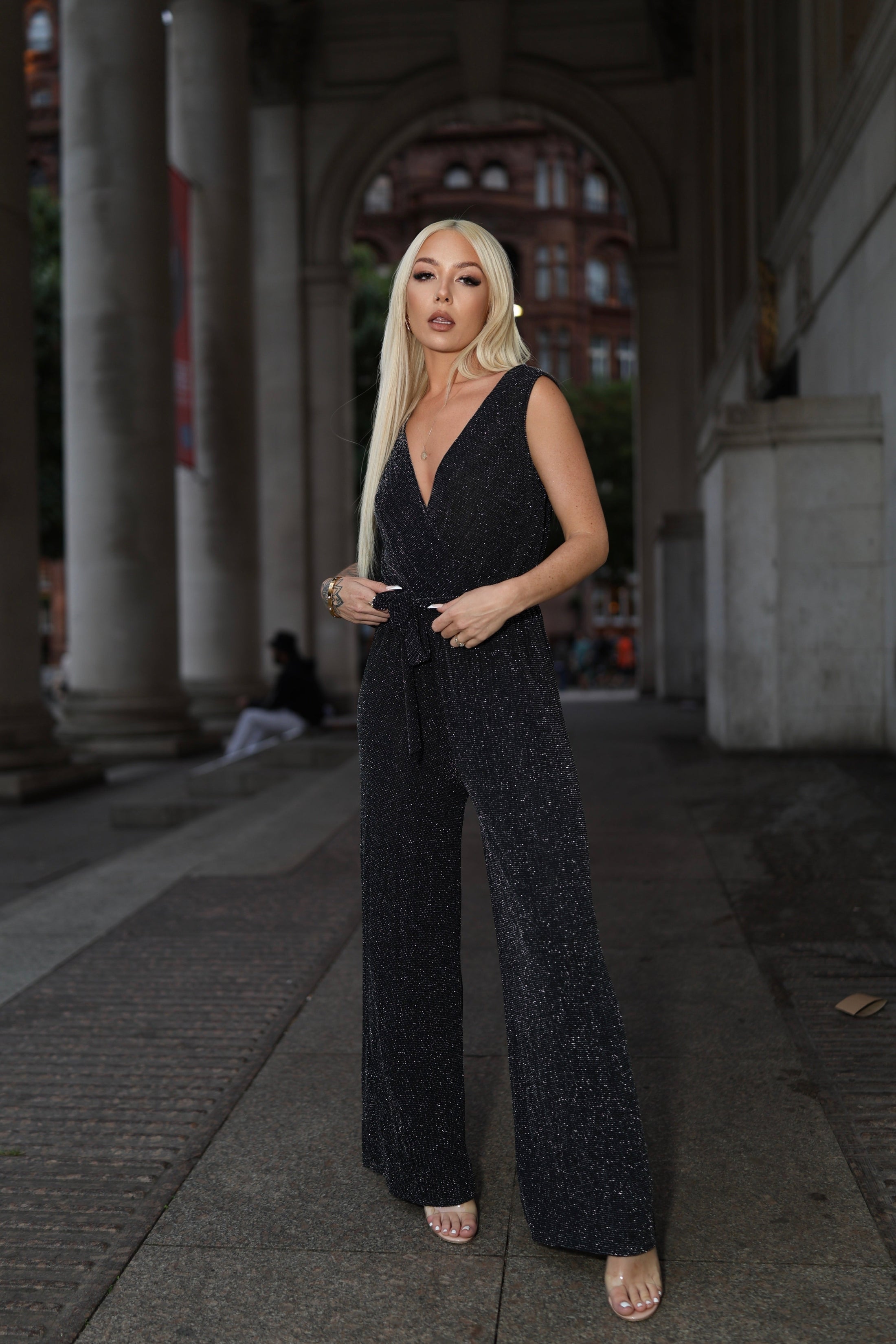 Black Plunge Neck Silver Glitter Sleeveless Jumpsuit Orianda