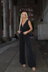 Black Plunge Neck Silver Glitter Sleeveless Jumpsuit - Orianda