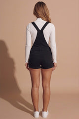 Black Denim Dungaree Shorts With Buckle Strap Detail- Elvara