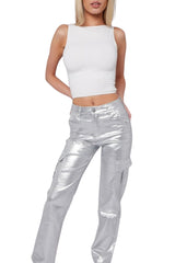 Metallic Silver High Waisted Cargo Glossy Shine Pants- Misa