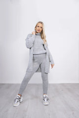 Grey Ribbed Knitted 3 Piece Loungewear Set-Jinet