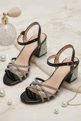 Black Diamanté Strappy Block Heel Sandals - Elara