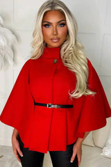 Red Belted High Neck Cape Coat - Vivienne