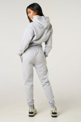 Grey Marl Long Sleeve Cropped Fleece Hoodie & Cuffed Joggers Loungewear Set - Layla