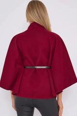 Wine Belted High Neck Cape Coat - Vivienne