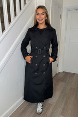 Black Double Breasted Longline Trench Coat - Evie