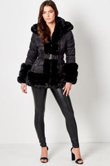 Black Belted Padded Faux Fur Detail Hooded Coat - Eva