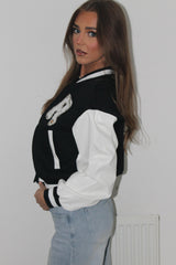 Black Varsity Bomber with 'R' Patch Jacket - Delissia