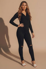 Black High Waisted Skinny Soft Touch Skinny Jeans With Rip Detail  - Delilah