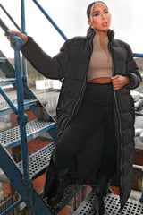 Black Padded Long Line Midi Zip Up Puffer Coat - Crystal