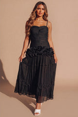 Black Ruched Bandeau Ruffle Detail Pleated Maxi Dress - Cilon