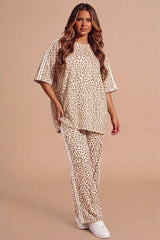 Beige Leopard Print Oversized Loungewear Set With Side Stripe Detail- Orlina