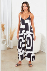 Black And White Strappy Backless Geometric Print Wide Leg Jumpsuit - Renata