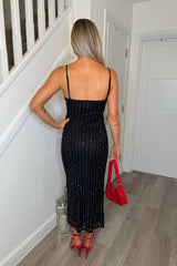 Black Sequin Strappy Bodycon Elegant Outfit Midi Dress - Jalinda