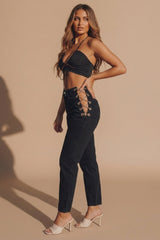 Black High Waisted Chain Detail Straight Leg Jeans - Marisol