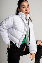 White High Neck Padded Cropped Puffer Jacket - Khlo