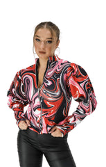 Red Abstract Swirl Puff Sleeve Zip High Collar Jacket- Cora