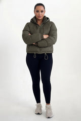 Khaki Hooded Drawstring Cropped Puffer Jacket - Stacey