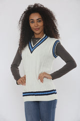 Cream Cable Knit V Neck With Blue Stripe Jumper- Casoil