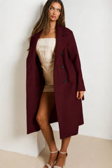 Wine Double Breasted Black Button Detail Belted Trench Coat - Eliana