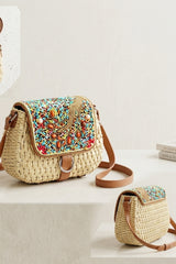 Beige Woven Beaded Flap Crossbody Bag - Wyaba