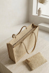 Beige Woven Tote Bag With Matching Zip Pouch-Hyon