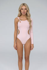 Light Pink Asymmetric One Sleeve Cut Out Bodysuit- Amia