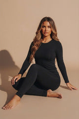 Black Stretch Long Sleeve Top and Leggings Activewear Set - Elara