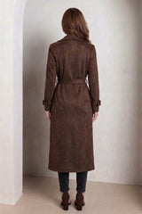 Brown Faux Suede Belted Longline Trench Coat-Velmira