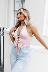 Rose Halterneck Lace Up Crop Top - Lulu