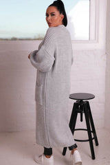 Grey Longline Rib Knitted Balloon Sleeve Pocket Detail Maxi Cardigan - Thea