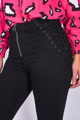 Black Denim Lace Up Detail Zip Front Skinny Jean- Anina