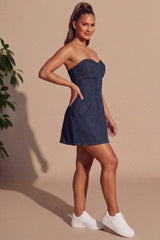 Dark Blue Wash Denim Bandeau Skater Mini Dress - Ryana