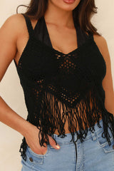 Black Strappy Fringe Crochet Crop Top - Véronique