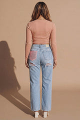Blue Distressed With Rhinestone Back Pink Pocket Jean - Naina