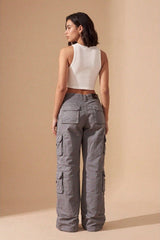 Grey Cargo Wide Leg Relaxed Fit Utility Trousers - Menisa