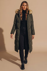 Khaki Longline Faux Fur Trim Puffer Jacket - Kiera