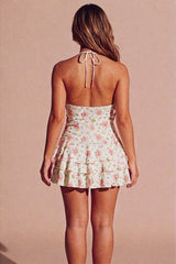 Cream Floral Print Frill Hem With Integrated Inner Shorts Mini Dress-Wyba