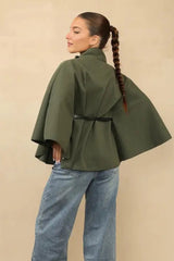 Khaki Belted High Neck Cape Coat - Vivienne
