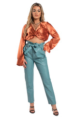 Sage Faux Leather High Waisted Belted Paperbag Trousers- Willow