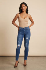 Mid Blue Distressed High Waisted Skinny Jeans- Lorvella