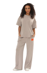 Beige Oversized Relaxed Fit with Lengthy Tee and Wide-Leg Trousers-Arielle