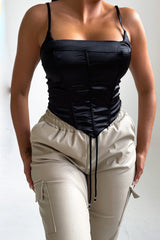 Black Strappy Square Neck Satin Corset Style Top - Amber