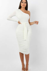 White One Shoulder Ruched Slinky Midi Dress - Savannah