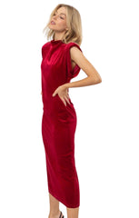 Red Velvet Shoulder Pad Midi Dress- Miea