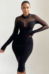 Black Long Sleeve High Neck Mesh Detail Midi Dress - Abbie