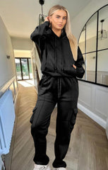 Black Cropped Fleece Hoodie with Cargo Jogger Sweatpants Loungewear Set - Roshana