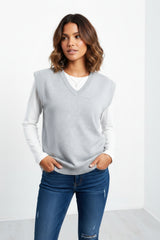 Grey V Neck Sleeveless Knitted Vest- Hanya
