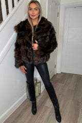 Brown Faux Fur Luxury Winter Fashion Black Accents Short Coat - Esmirelda