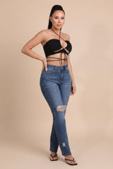 Washed Dark Blue High Waisted Distressed Slim Fit Jeans - Lowri